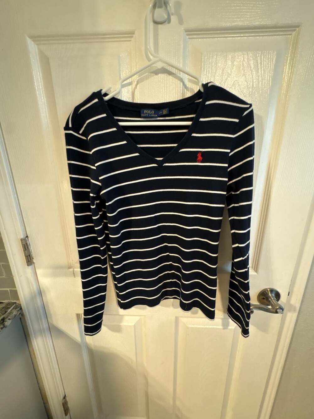 Polo Ralph Lauren Navy Blue and White Striped V-Neck Long Sleeve Shirt Size L